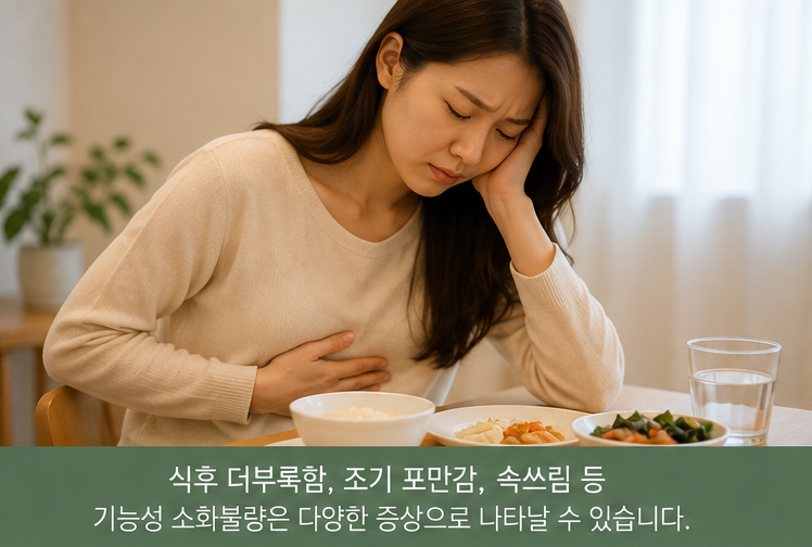 식후 더부룩함과 소화불량으로 불편함을 느끼는 모습